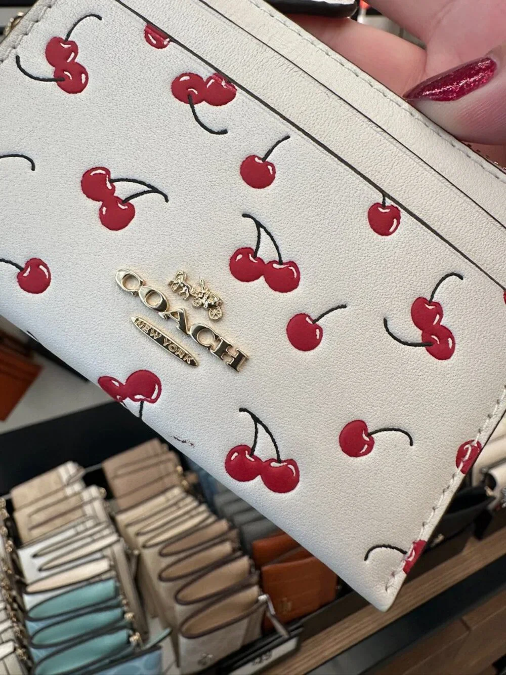 NWT! Coach CFA32 Mini Skinny ID Case With Cherry Print Gold/Chalk Multi